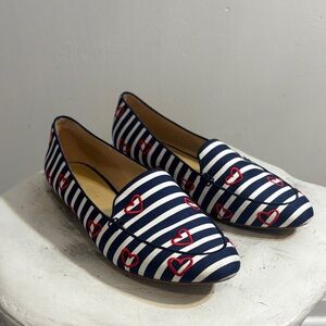 Love Stripes Embroidered Red Heart Navy and White Nautical Stripe Loafers, 9